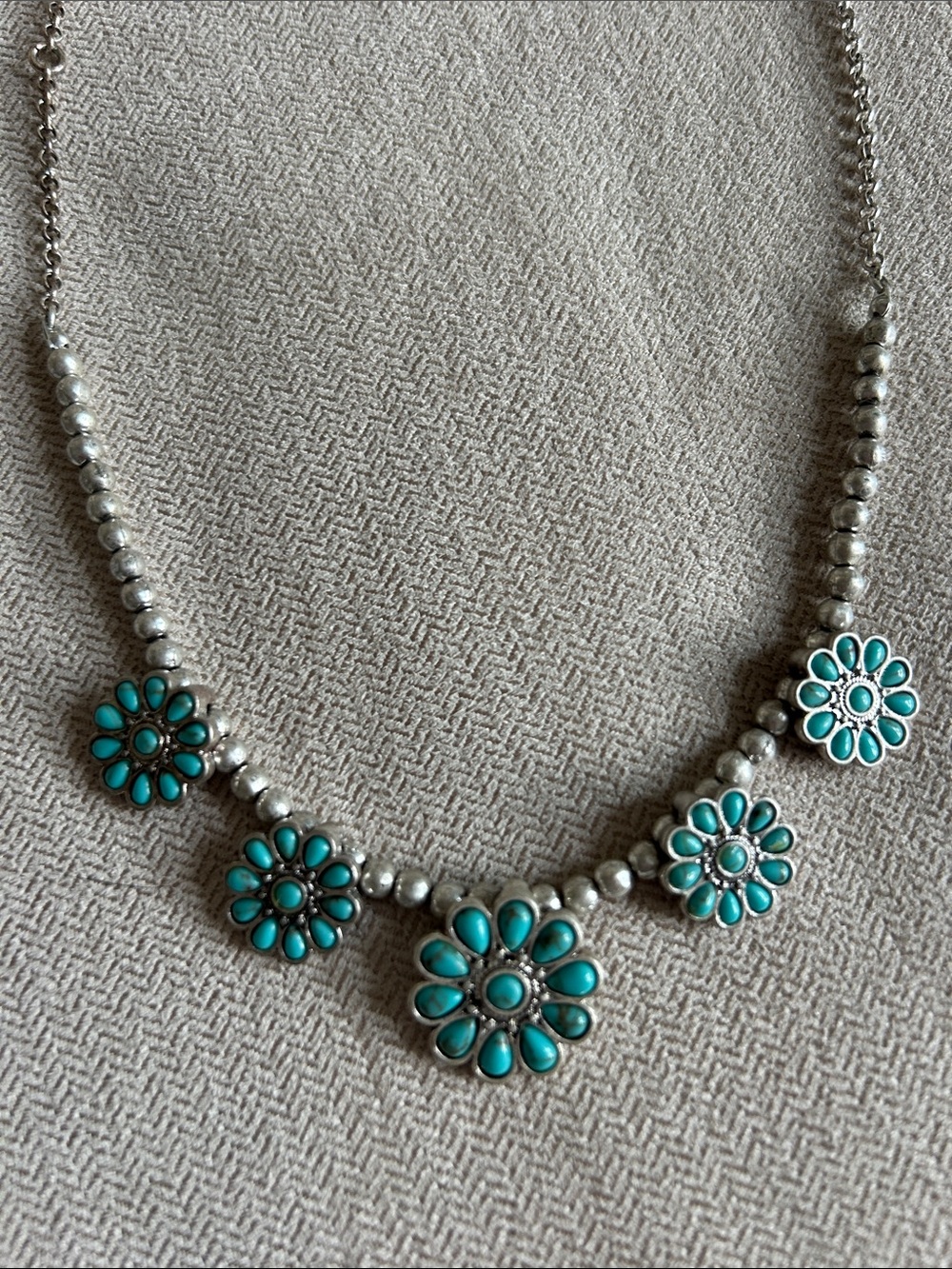 Lucky Brand Silver Tone Turquoise Daisy‎ Blossom Collar Choker/Necklace 19in+2in